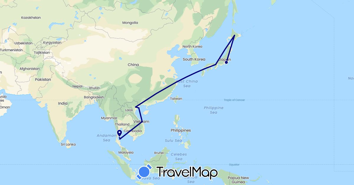 TravelMap itinerary: driving in Japan, Thailand, Vietnam (Asia)